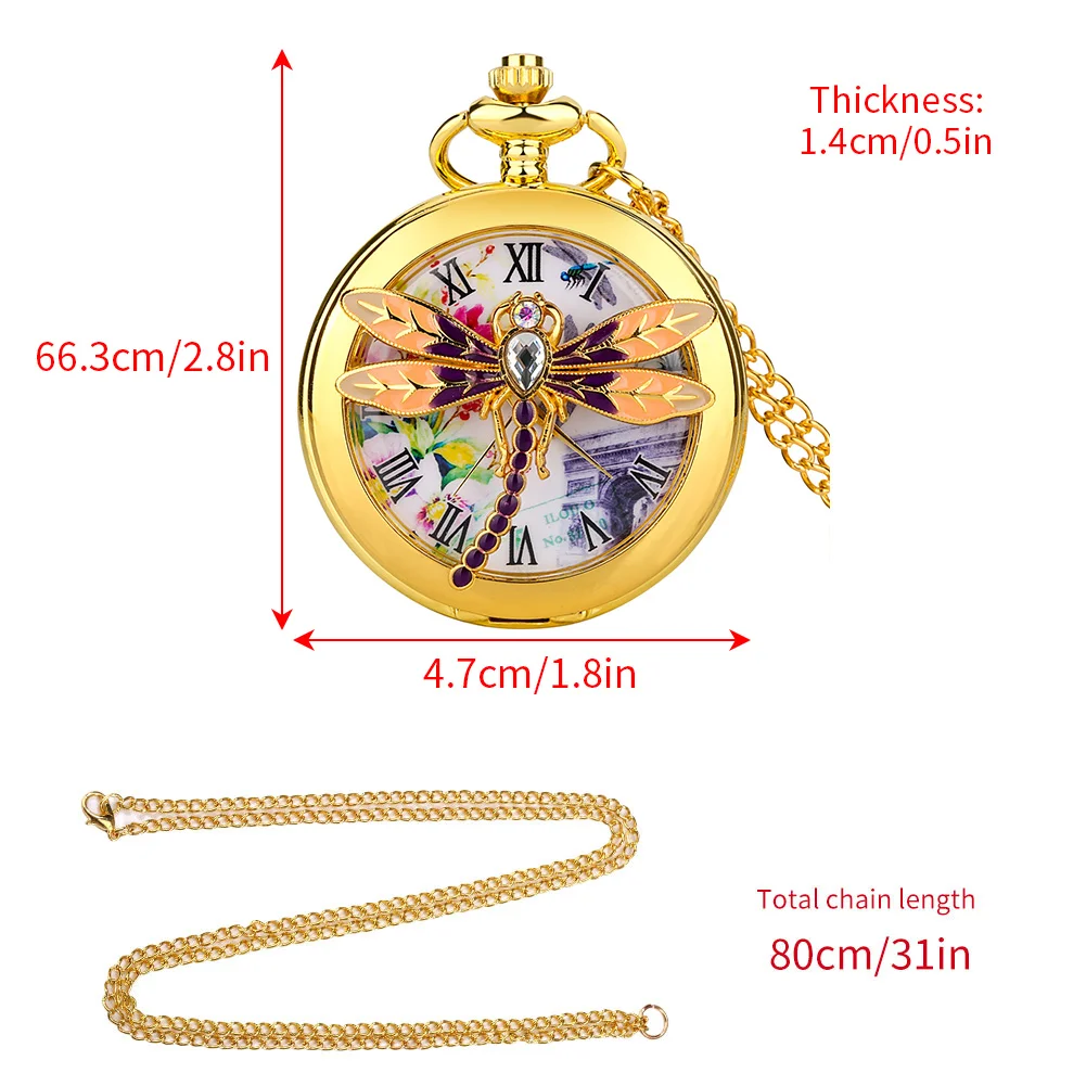 Montre de poche à quartz libellule pour femme, cristal, diamant, collier charmant, pendentif, JOElégant, robe assortie, horloge Fob