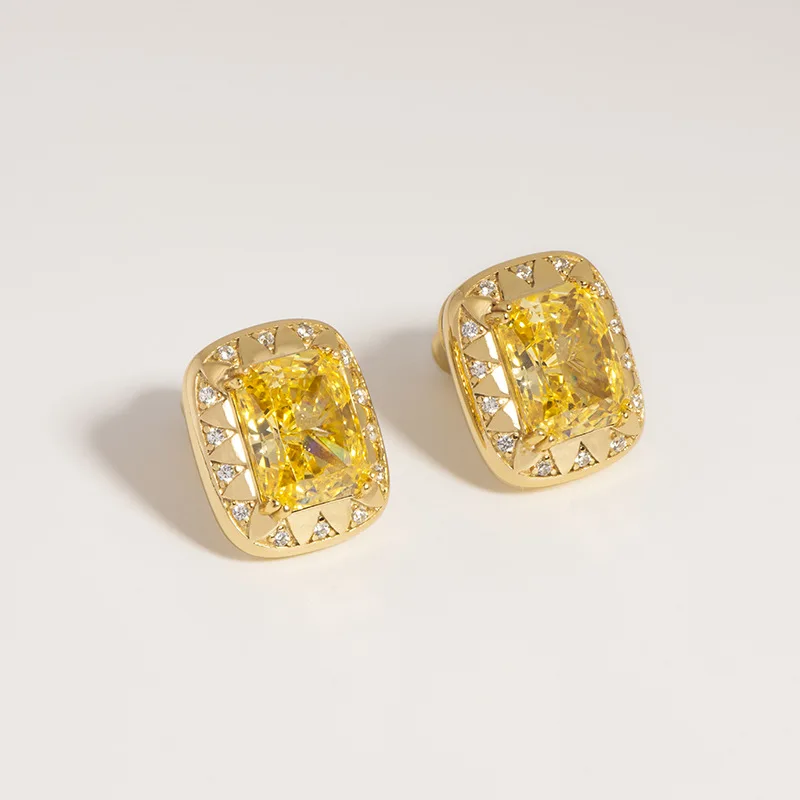 

Small Sugar Cube Yellow Zircon Stud Earrings S925 Sterling Silver Light Luxury Bright Earrings
