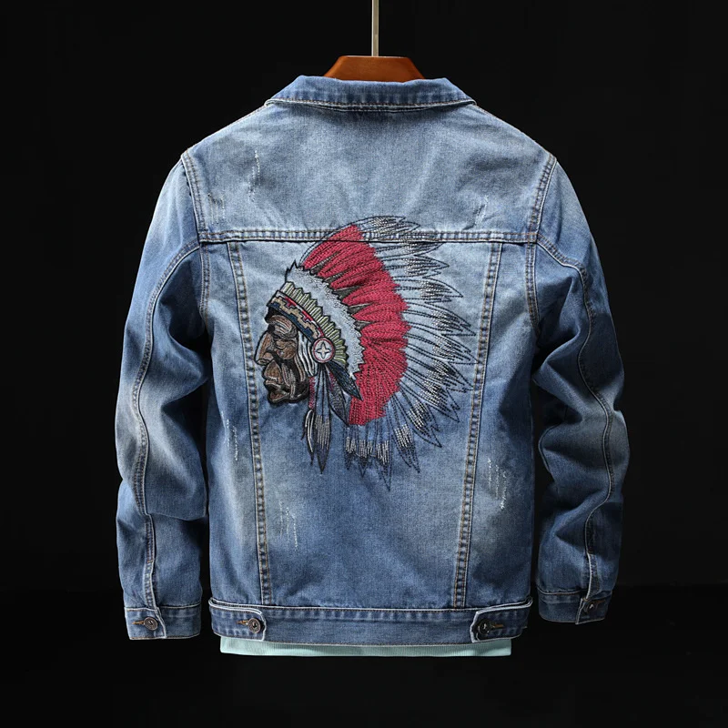 

Prowow 2021 Fashion Streetwear Jacket Retro Blue Indian Chief Embroidery Denim Jackets Men Size M-6XL Hip Hop Punk Coats