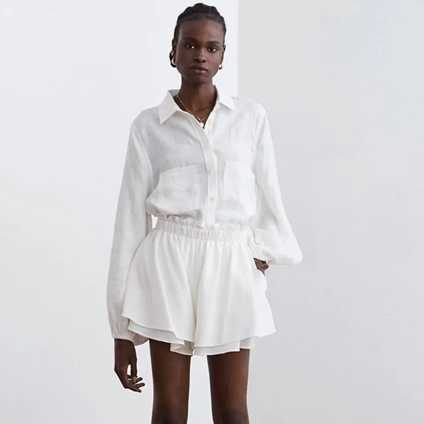 European And American Fashion Women's Shirt Ruffle Shorts 2-Piece Casual Fashion Set