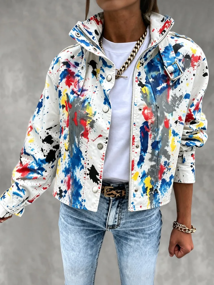 UOOZEE Women's Fashion Street Style Contrast Color Zipper Stand Collar Jackets 2026 New Long Sleeve Loose Casual Cargo Outerwear