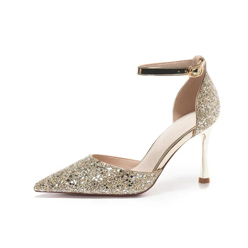 

Size 31-43 Silver Buckle Wedding Shoes Beautiful Gold Heel Bride Shoes Large Size Sequin High Heels Women Stiletto Heel