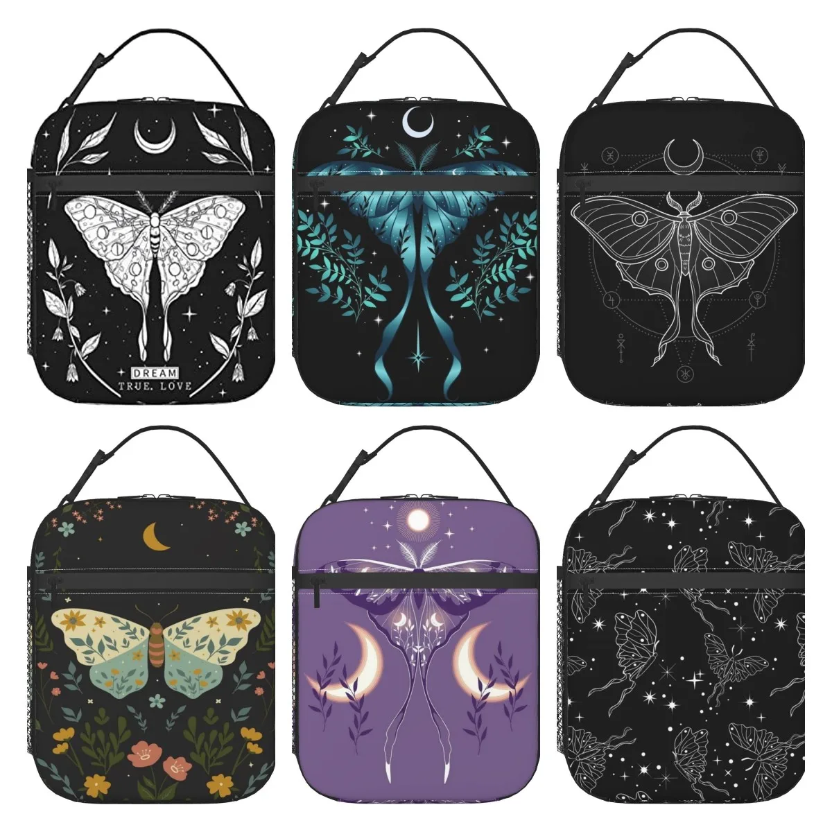 

Lunch Box Girl Black Butterfly Moon Moth Tarot Insulated Bag Reusable Leakproof Food Tote Container with Side Pocket for Work