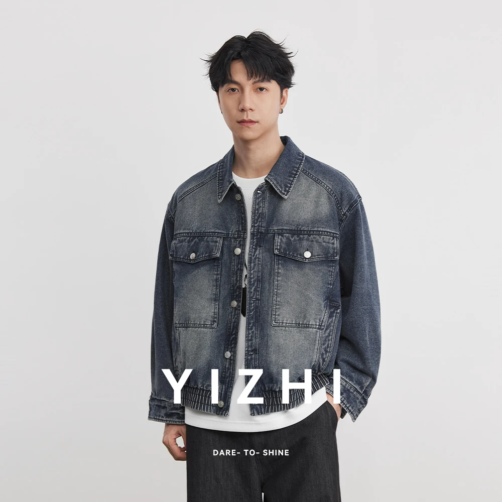 Fashion Heavy Industry Distressed Washed Jeans Jacket Men's Spring New Gradient White Drop Shoulder Workwear Pocket Top Jacket