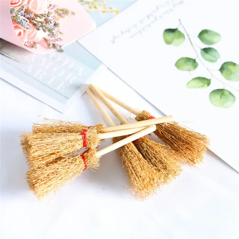 3pcs Mini Broom Red Rope Straw Brooms Hanging Decorations for Halloween Party Costume Witch Broom Dollhouse Accessories