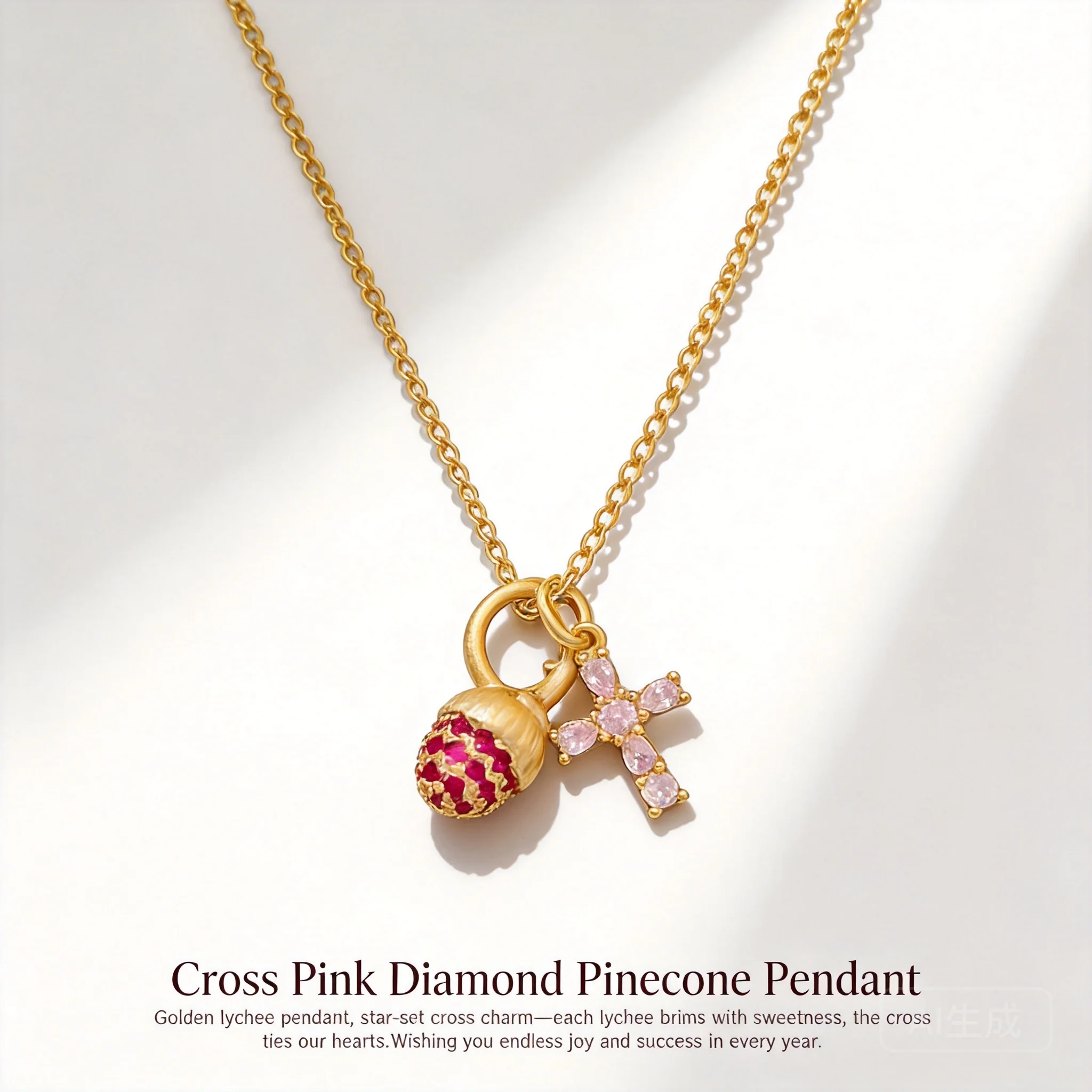 Chinese Style Lucky Blessing 18k Gold Plated Chopin Chain Necklace Inlaid Shiny Zircon Pink Pine Cone Cross Pendant Dainty Women