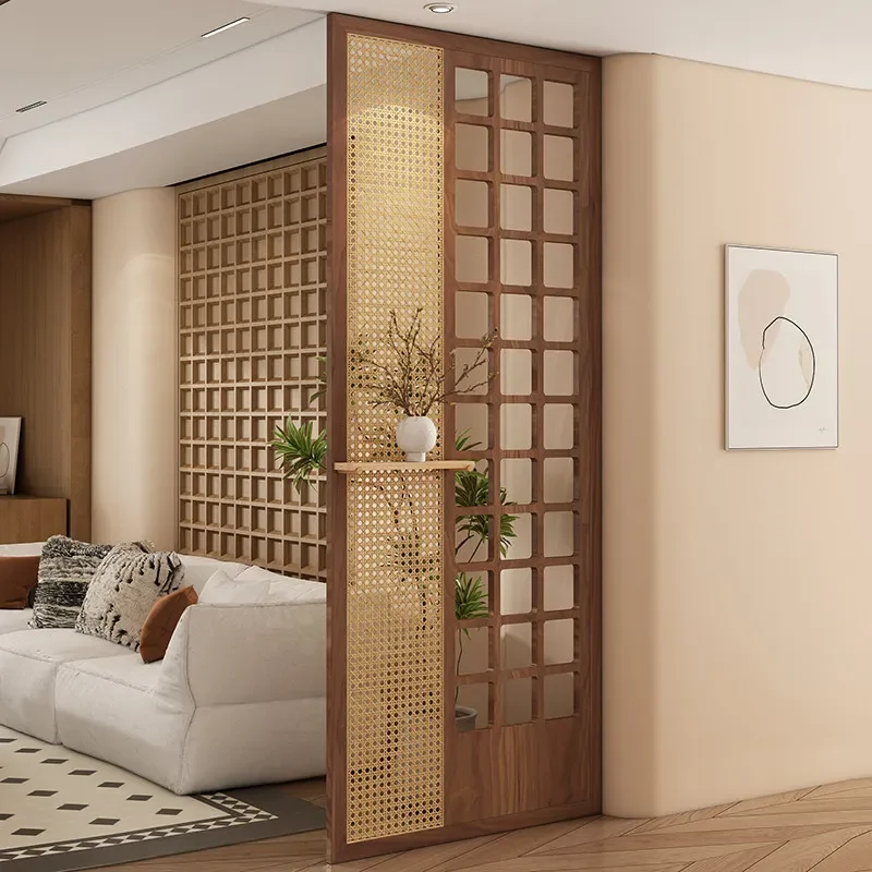 for Solid Wood Screen Partition Living Room Entryway Porch Divider Retro Style Floor to Ceiling Rattan Shelf for Home Use