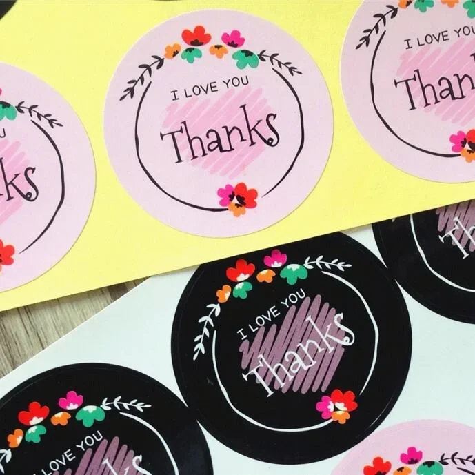 80pcs/lot Black & Pink Flower Thanks I LOVE YOU Adhesive Kraft Seal Sticker for Baking Round Gift Label Stickers Funny DIY Work