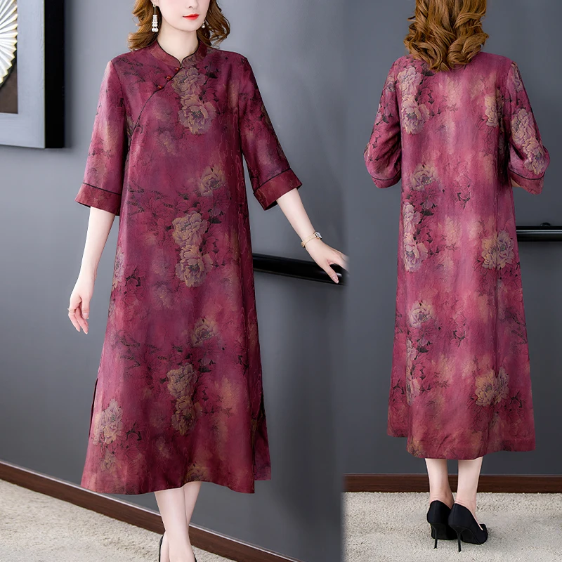 Women Red Floral Mulberry Silk Midi Dress Summer New Elegant Loose Waist Plus Size Dress 2024 Korean Vintage Casual Party Dress