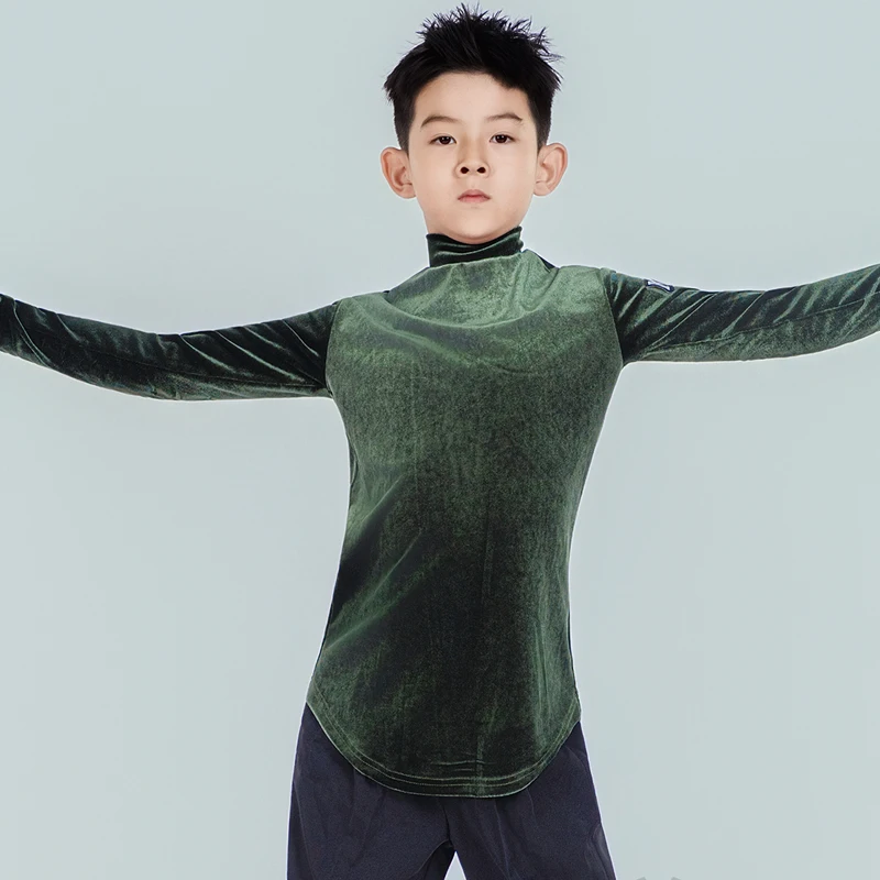 

2025 New Latin Dance Performance Costumes For Boys Green Velvet Tops Samba Chacha Tango Kids Latin Dance Practice Wear DQS21146