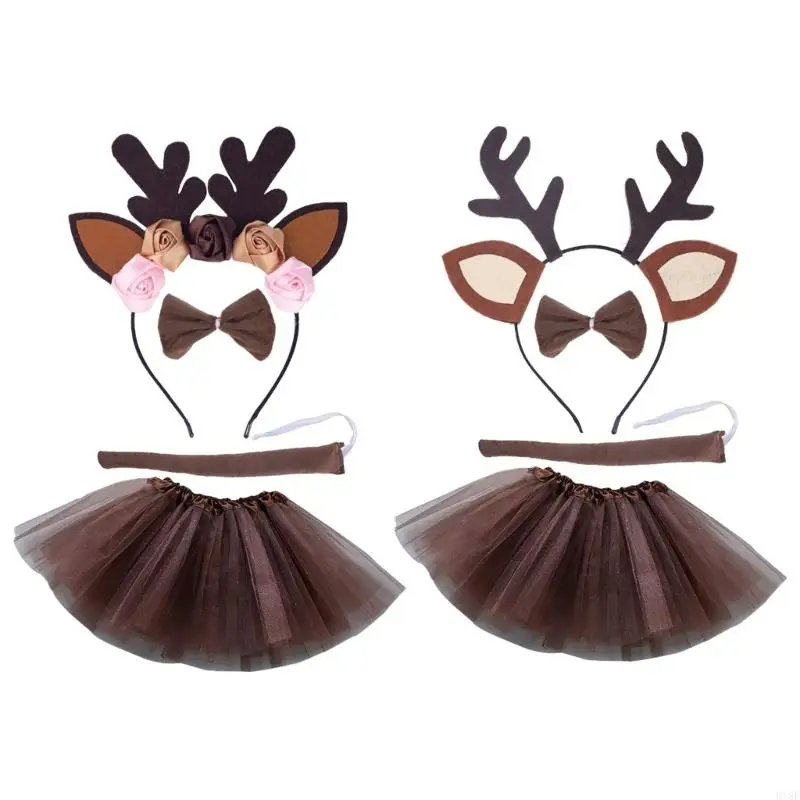 

918F Plush Reindeer Antler Headband Dress Kids Pretend Outfit Girl Cosplay Props