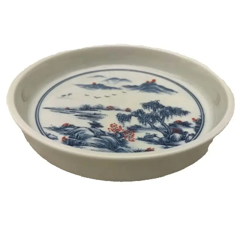 Chinese Old Porcelain Shallow Dish Blue And White Glazed Red Landscape Pattern Traditional Decorative Kitchenware