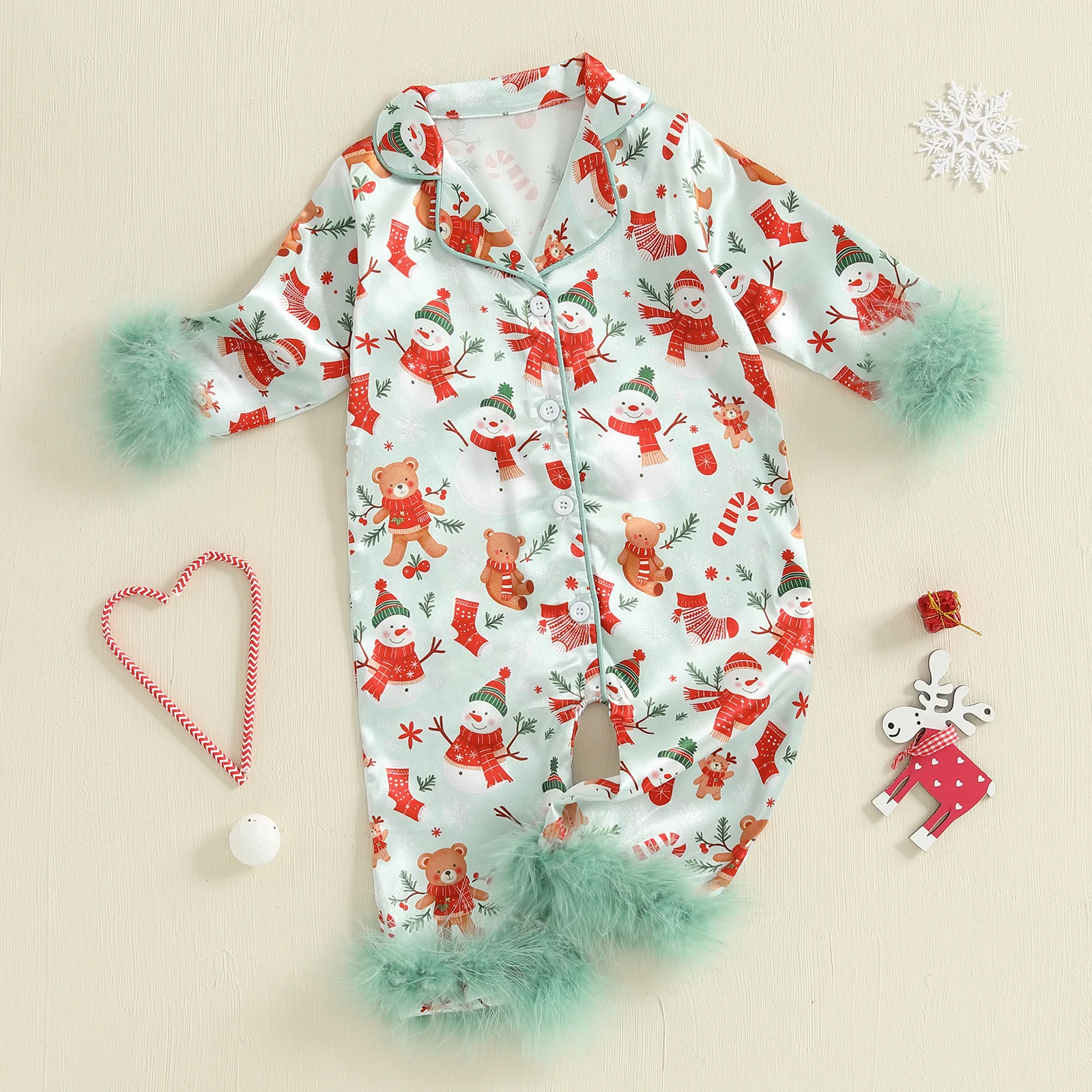 

Baby Girl Christmas Romper Pajamas Santa Claus Print Feather Cuffs Long Sleeve Lapel Button Down Satin Sleepwear for 0-24 Months