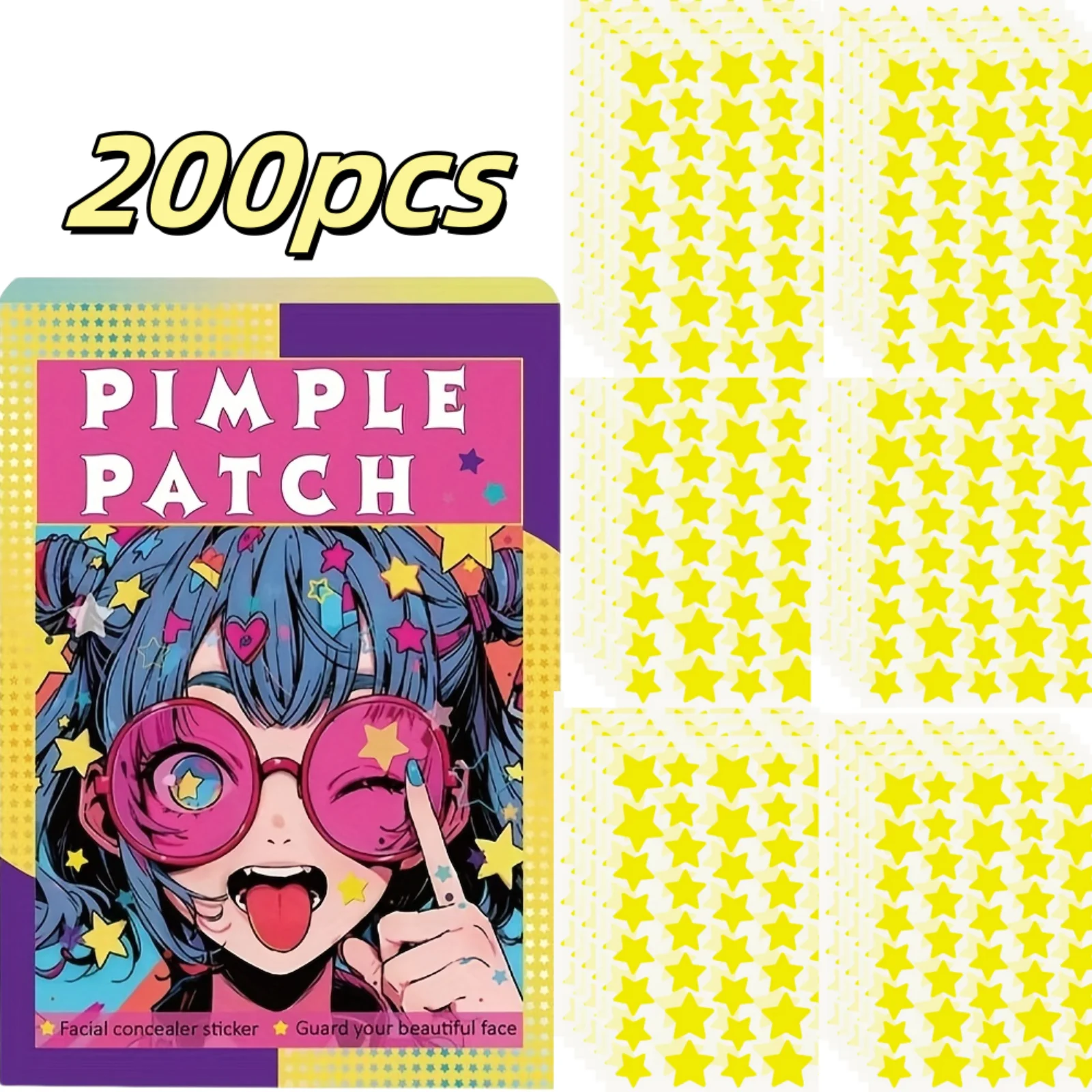 200 قطعة من رقع حب الشباب على شكل نجمة - لطيفة ومقاومة للماء وقابلة للتنفس. تصميم نجمة ملونة لجميع أنواع البشرة. سرية وفعالة
