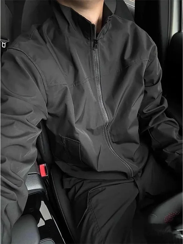 

Men's ort Workwear Jaet Zipper Collar Tee-Proof Spring Autumn American Retro Trendy Brand Loose Fit Polyester Fiber