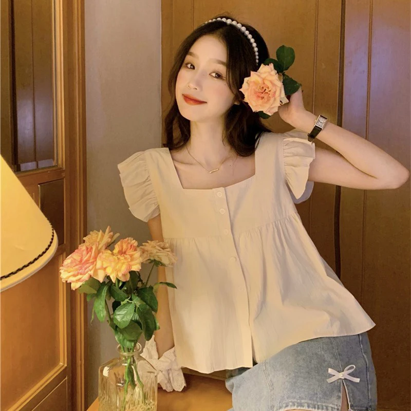 Short-sleeved Summer Clothes For Square Collar Short Flying Sleeves Floral Chiffon French Plaid Navel-baring Blouse