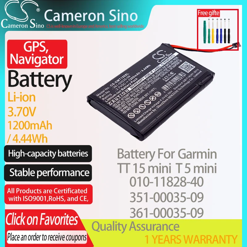 CameronSino Battery for Garmin TT 15 mini  fits Garmin 010-11828-40 351-00035-09 361-00035-09 GPS, Navigator battery 1200mAh