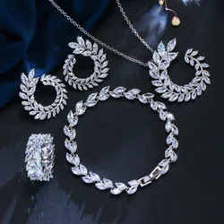 CWWZircons 4 Pcs Leaf Shape New Fashion CZ Necklace Earring Bracelet and Ring Sets Famous Brand Jewelry Womens Accessories T011