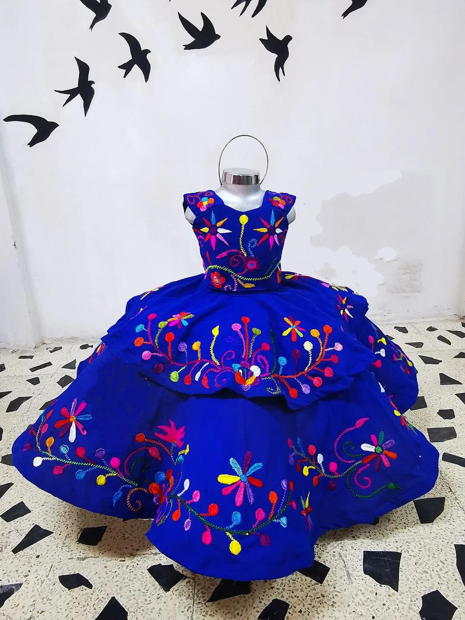 Mexican Embroidered Flower Girl Dresses For Wedding Kids Royal Blue Satin Baby Wedding Guest Dress For Girls