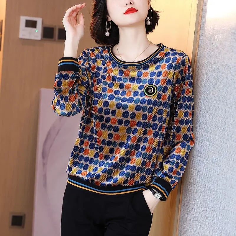 Korean Fashion Autumn Winter New Women's O-Neck Round Dot Patchwork Western Style Chic Long Sleeve Loose Pullovers T-Shirts Tops