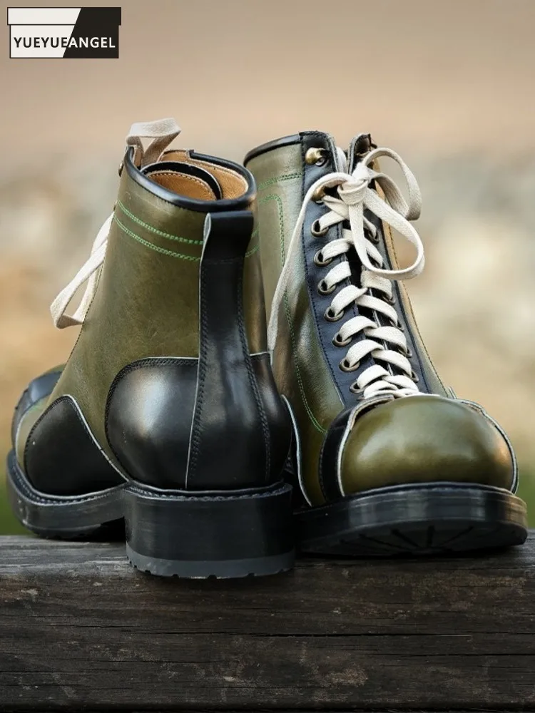 

Retro Handmade Comfortable Men Fashion Cowhide Genuine Leather Patchwork Mixed Color Boots Men Lace Up High Top Ventilate Shoes