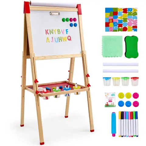 SucceBuy Children Magnetic Drawing Board Wooden Double-Sided Kid's Art Easel with Whiteboard Chalkboard for Girls Gifts Toys