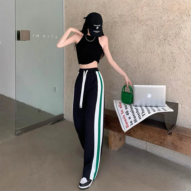 Large size casual leg tied black straight leg American work pants for spring and autumn women chubby mm small stature slim pants