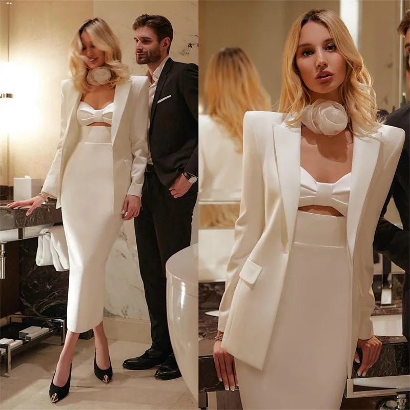 3 pçs ternos femininos conjunto saia branco feito sob encomenda camisola superior + blazer + calças tornozelo comprimento formal negócios festa de formatura vestido