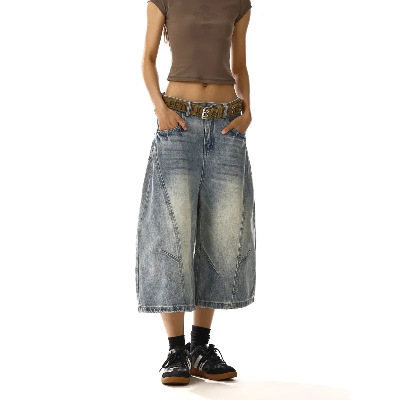 Damskie, luźne, szerokie jeansy unisex z podwiniętymi nogawkami, krótkie spodnie w stylu cool girl, damskie spodnie do łydki, proste spodnie, szorty jeansowe.