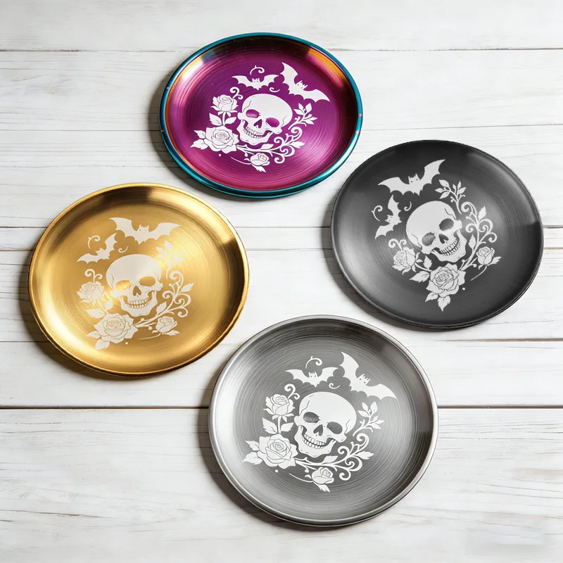 Laser Skull Rose Stainless Steel Plate, Metal Round Dinner Tray, Dessert Camping BBQ Plate, Reusable Home Kitchen Tableware
