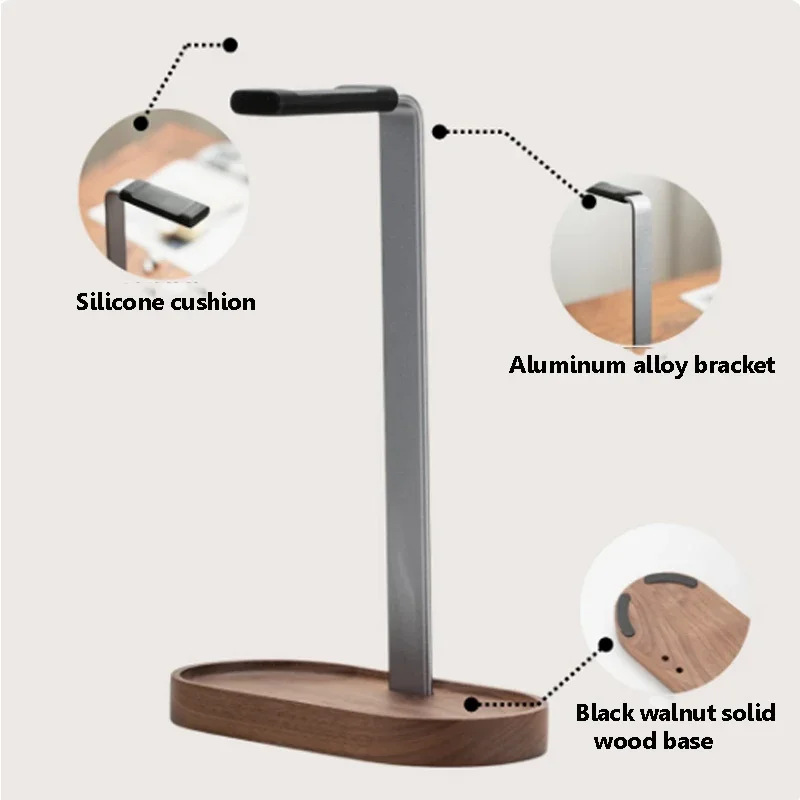 Black Walnut Solid Wood Headphone Stand Metal Alloy Headphones Display Earphone Desktop Storage E-sports Gaming Headset Hanger
