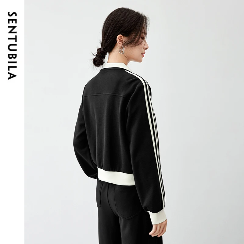 SENTUBILA Casual zwarte jassen voor dames Katoen 202 Winter Los patchwork Gesplitst Kraagvorm Rits Sportjas 143W56386