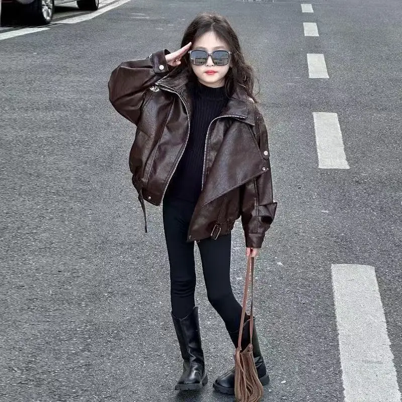 

5-12Y Girl's Leather Jacket Children's Spring and Autumn PU Jacket Cool and Stylish Cardigan Top For Boys and Girls 120-170CM