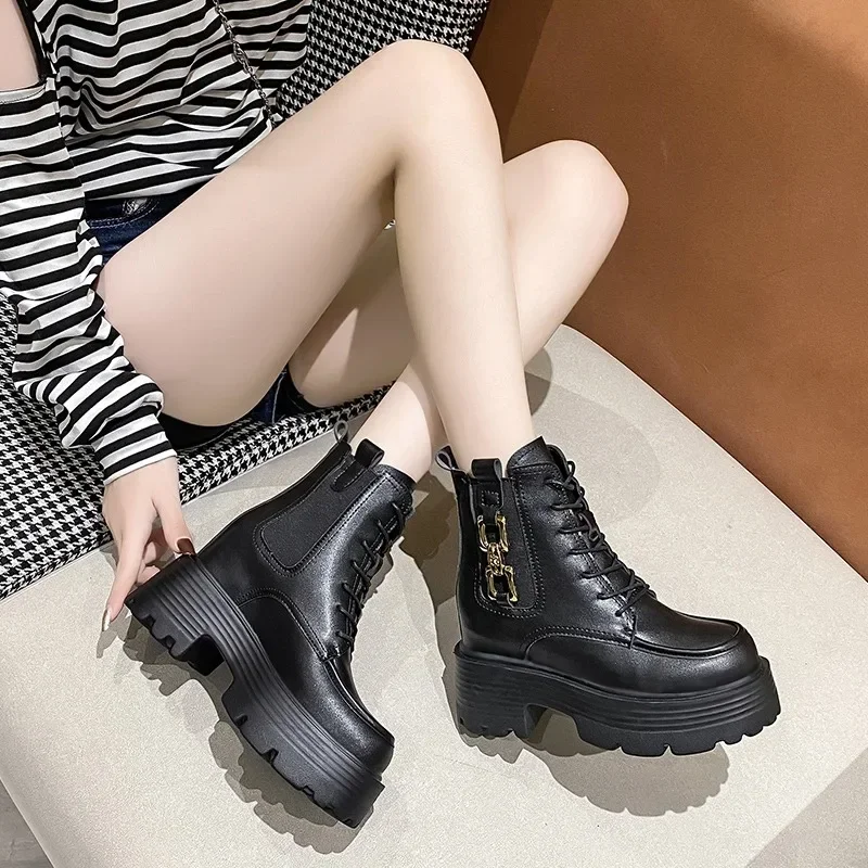 Sepatu bot kulit wanita, sepatu bot Ankle gaya Inggris musim gugur 9CM untuk perempuan