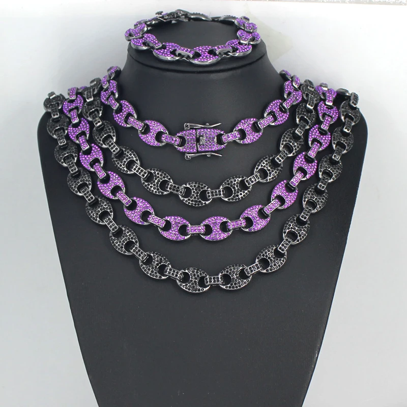2025 nuevo HipHop hombres mujeres púrpura negro collares de cadena cubana 12mm collar de eslabones de grano de café pulsera joyería de moda regalo de rapero