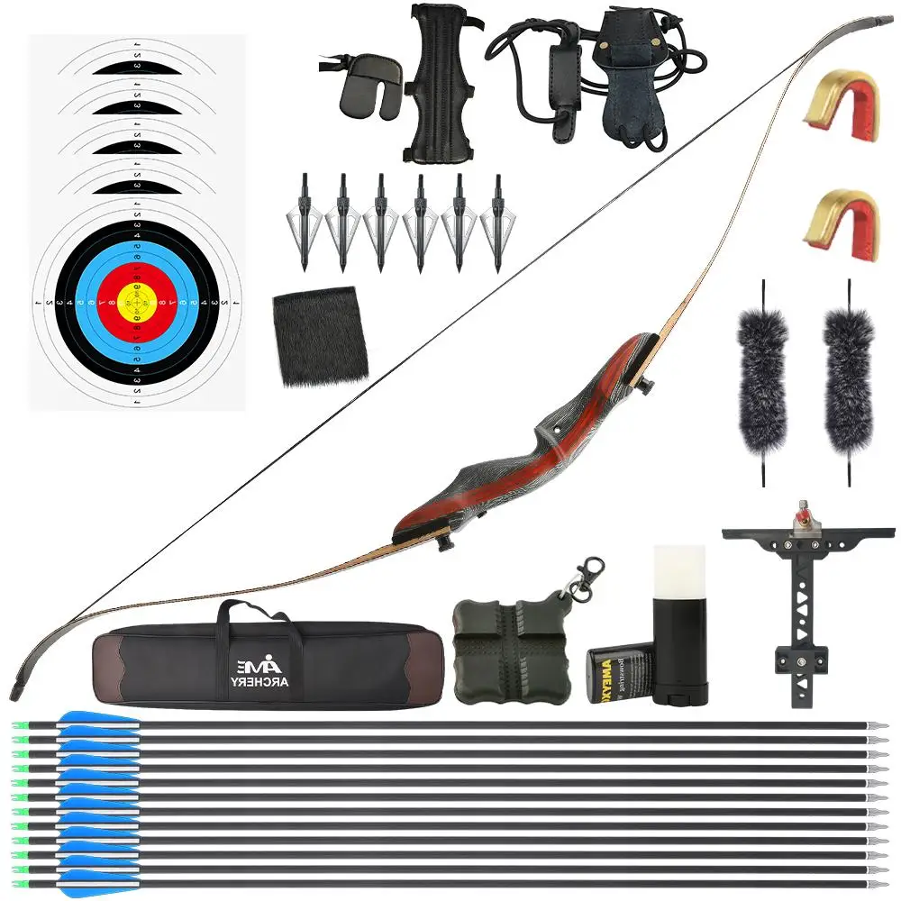 

28inch Draw Length Archery Recurve Bow 50Ibs Set Black Bow with Laminated Maple Limbs with 6 Arrows Archery Hunting Shooting Acc