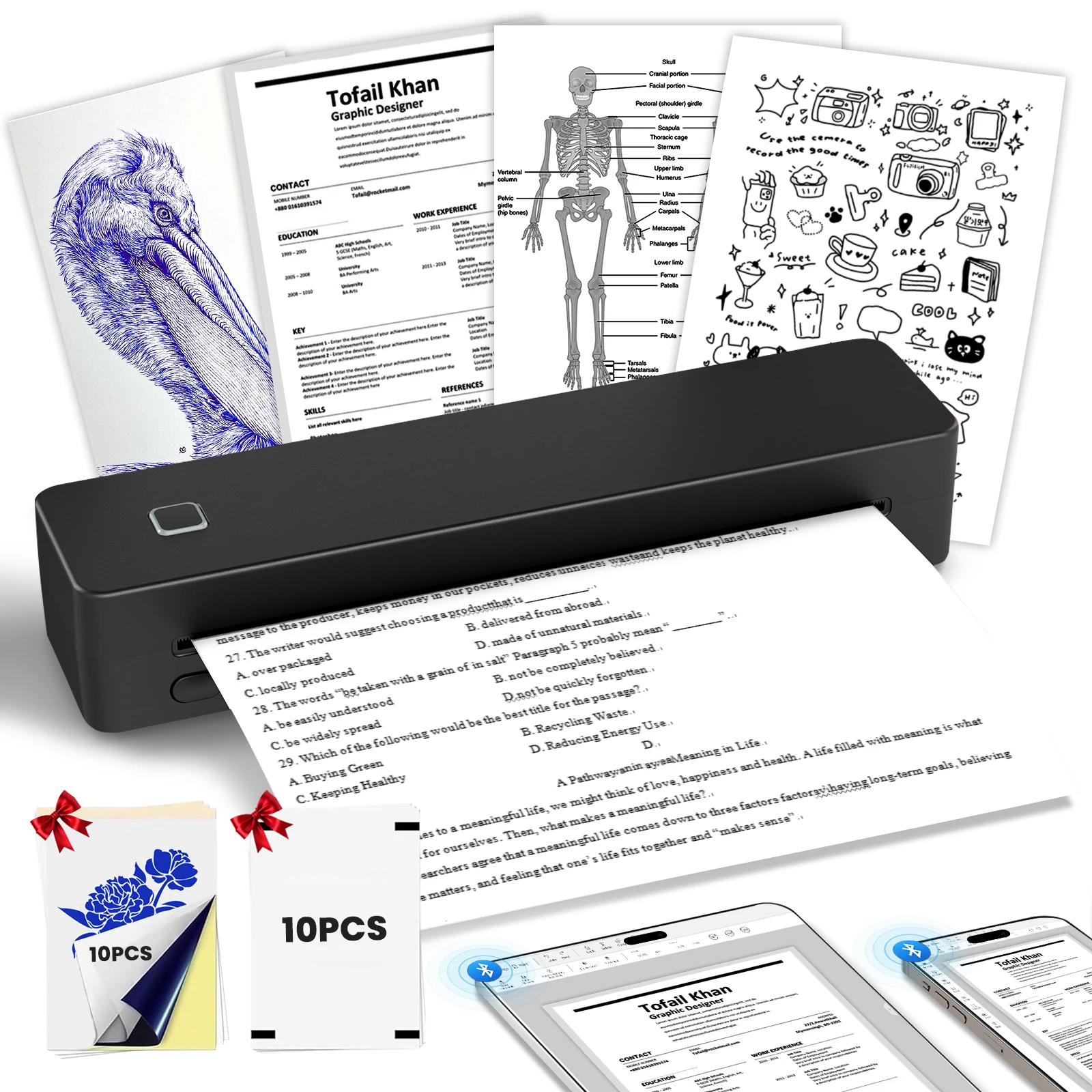 

A4 Thermal Printer Portable Bluetooth Business Travel 203DPI High-capacity battery Anywhere For PDF Photos Document Printing