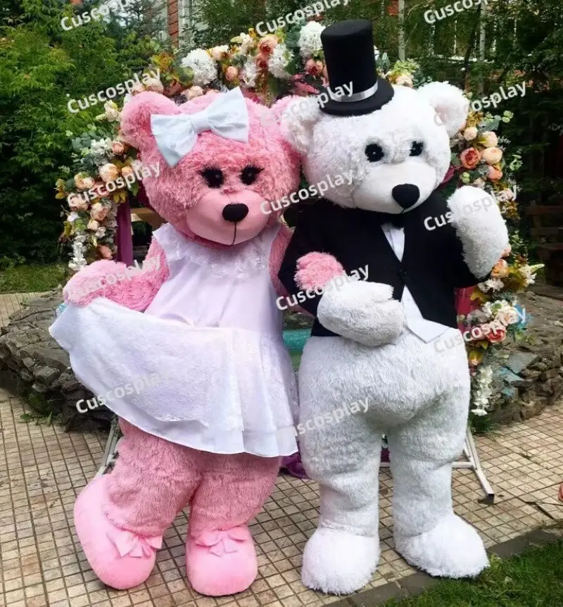 شعر الدب الوردي الأبيض اللباس الأسود يرتدى زي التميمة أرنب الكرتون حزب ازياء الكبار الحجم