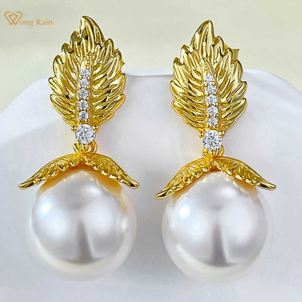 

Wong Rain 18K Gold Plated 925 Sterling Silver 12 MM Pearl High Carbon Diamond Gemstone Classic Drop Earrings for Women Jewelry