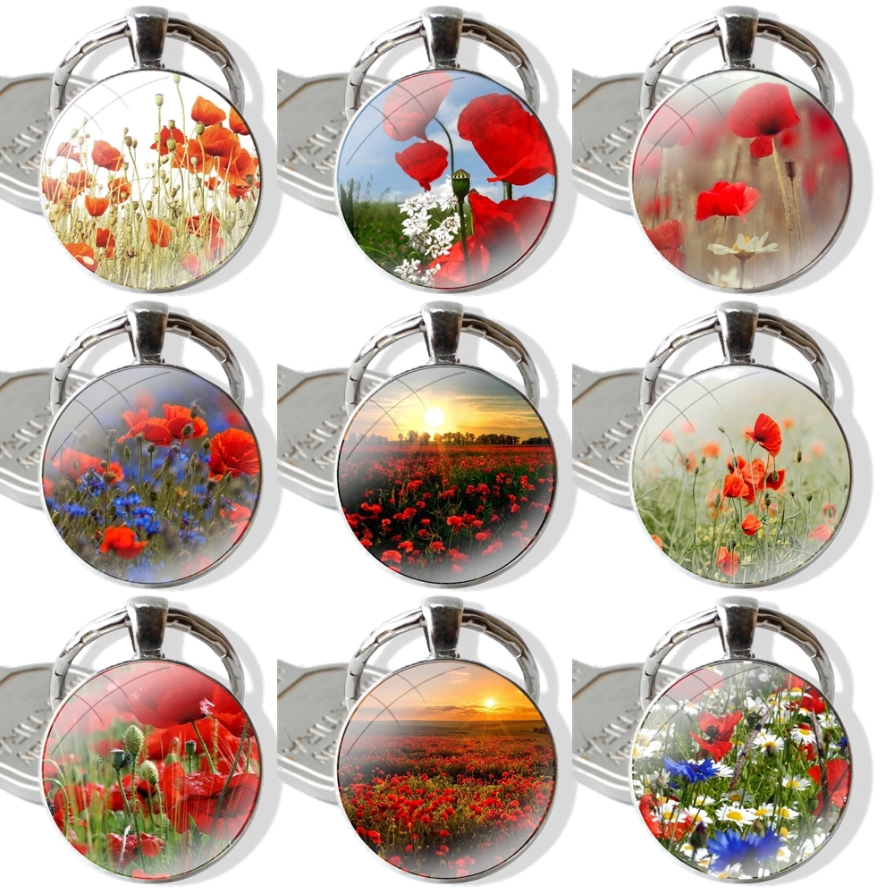 Keychain Glass Cabochon Metal Pendant Classic Men's Women's Keyring Red Poppies cornflowers