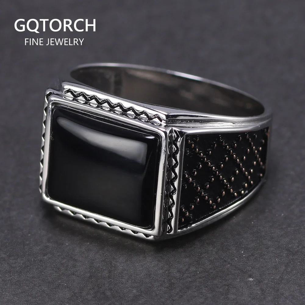 Genuine Solid Silver 925 Rings Man With Black Onyx Natural Stone Vintage Turkish Men's Rings Turkey Jewellery Anillos Hombre