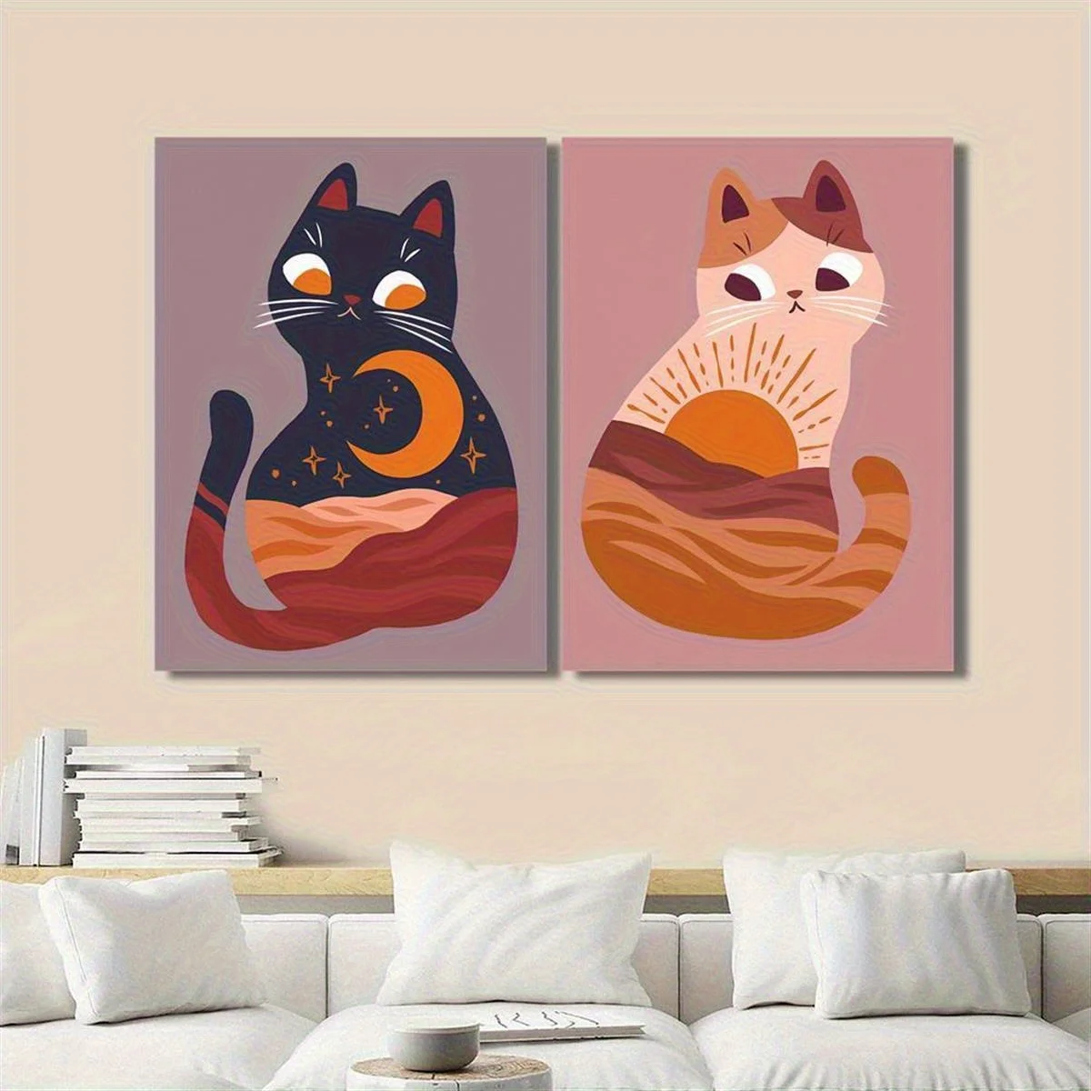 

2pcs Frameless Modern Bohemian Canvas Wall Paintings, Minimalist Cats Wall Art Pictures Decor for Bedroom- Gifts for Cat Lovers