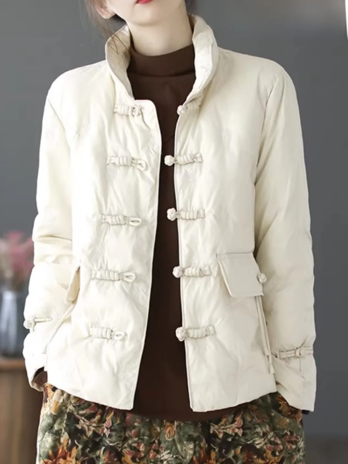 

Свободная хлопковая куртка-пуховик для женщин с длинными рукавами, винтажное китайское пальто на пуговицах, удобное, дышащее, для осени и зимы