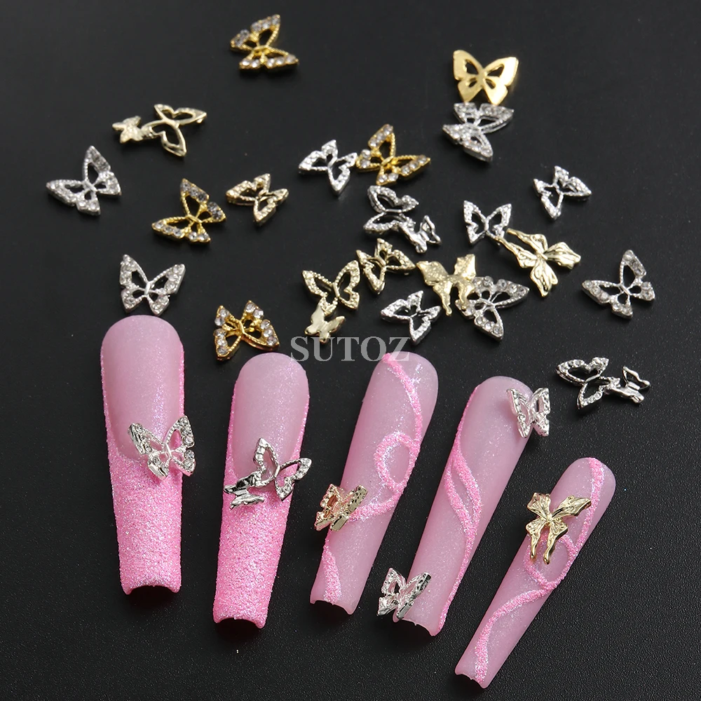 3D Papillon Nail Charms Or Argent Métal Papillon Strass Pendentif Pièces D'ongle Y2K Conception Diamants Manucure Décor GL6G-COH