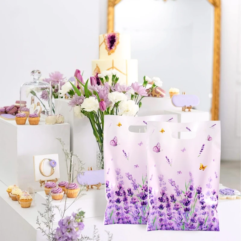 10/20/50 Stück Lavendel-Geschenktüten mit Blumenmuster, Schmetterling, Süßigkeiten-Tragetaschen für Hochzeit, Geburtstag, saisonale Frühlings-Partyzubehör – Detail 4