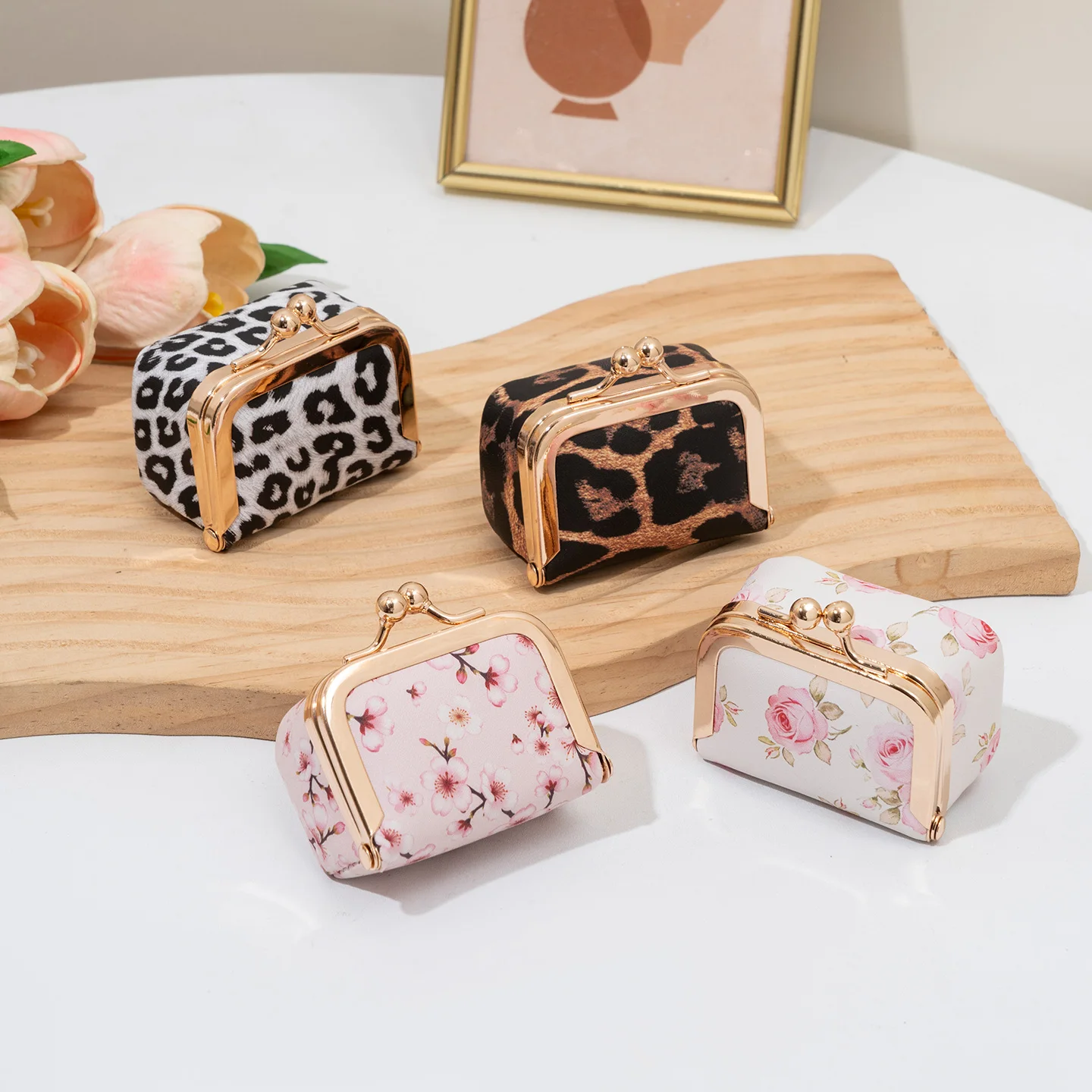 Vintage Leopard Floral Print KissLock Mini PU Leather Jewelry Box Portable Travel Ring Earring Organizer Storage Pouch for Girl