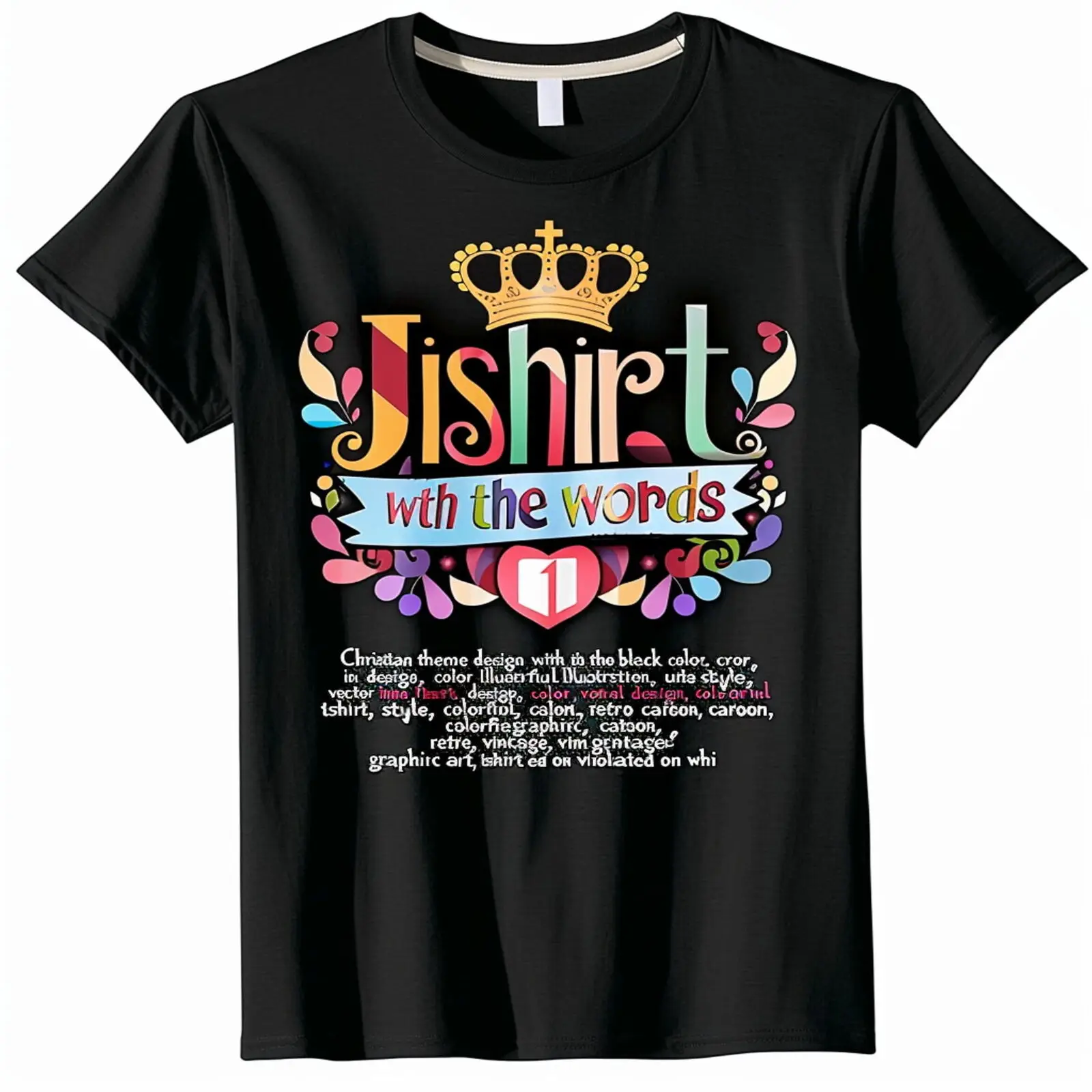 

Christian Black TShirt with ' ISsolnd' Colorful Floral Design Crown Heart