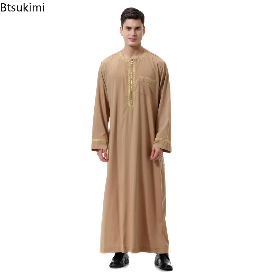 Baju Muslim pria, Muslim Abaya Jubba Thobe cetak ritsleting Kimono lengan panjang warna Solid kasual Pakistan Islam pakaian kancing saku