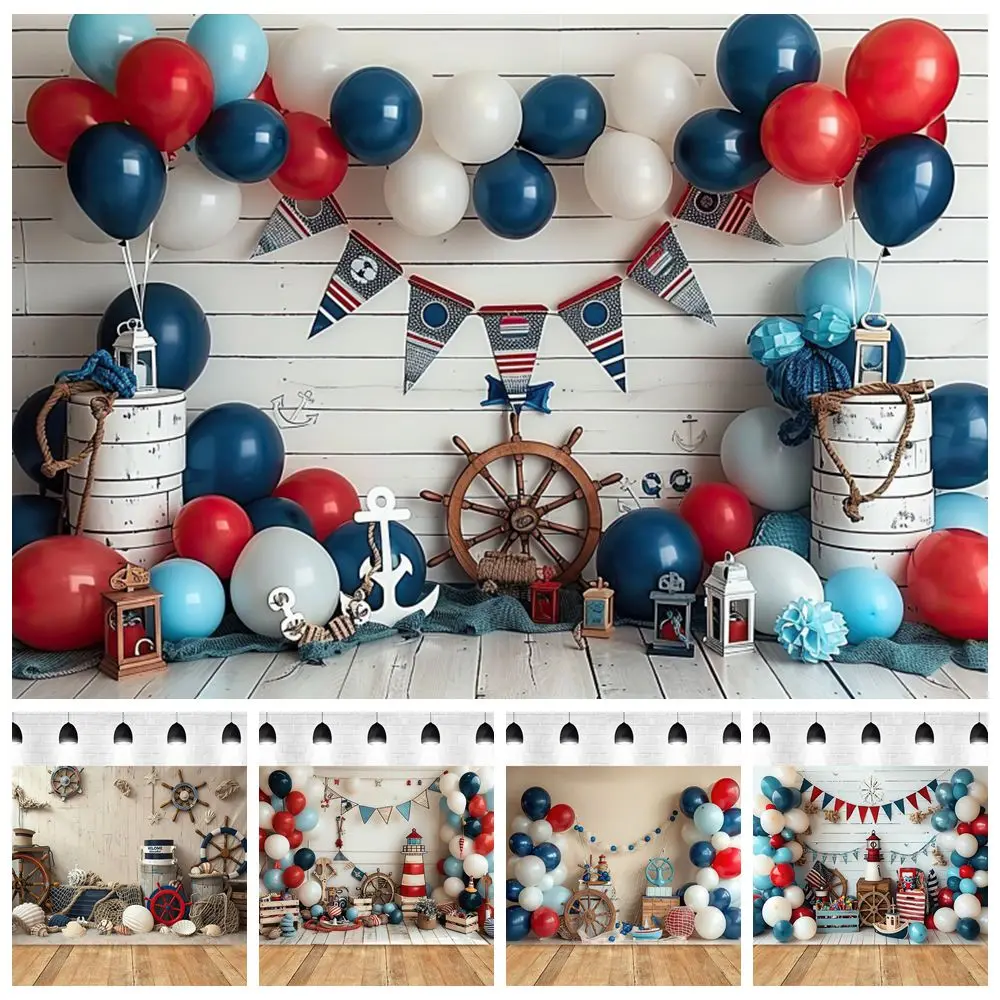 

Nautical Theme Birthday Party Photography Backdrop Balloons Anchor Fishing Net Baby Shower Photography Background Photo Studio