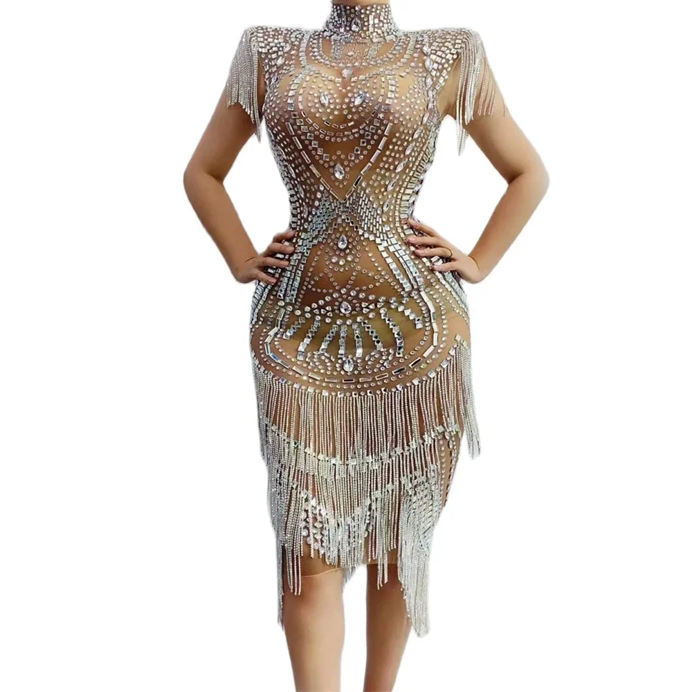 

Brown Shining Rhinestones Tassel High Neck Sexy Women Dress Nightclub Party Evening Clothing Stage Dance Singer Costumes